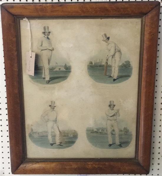 1841 coloured print depicting portraits of Kent & Sussex cricketers, in maple frame